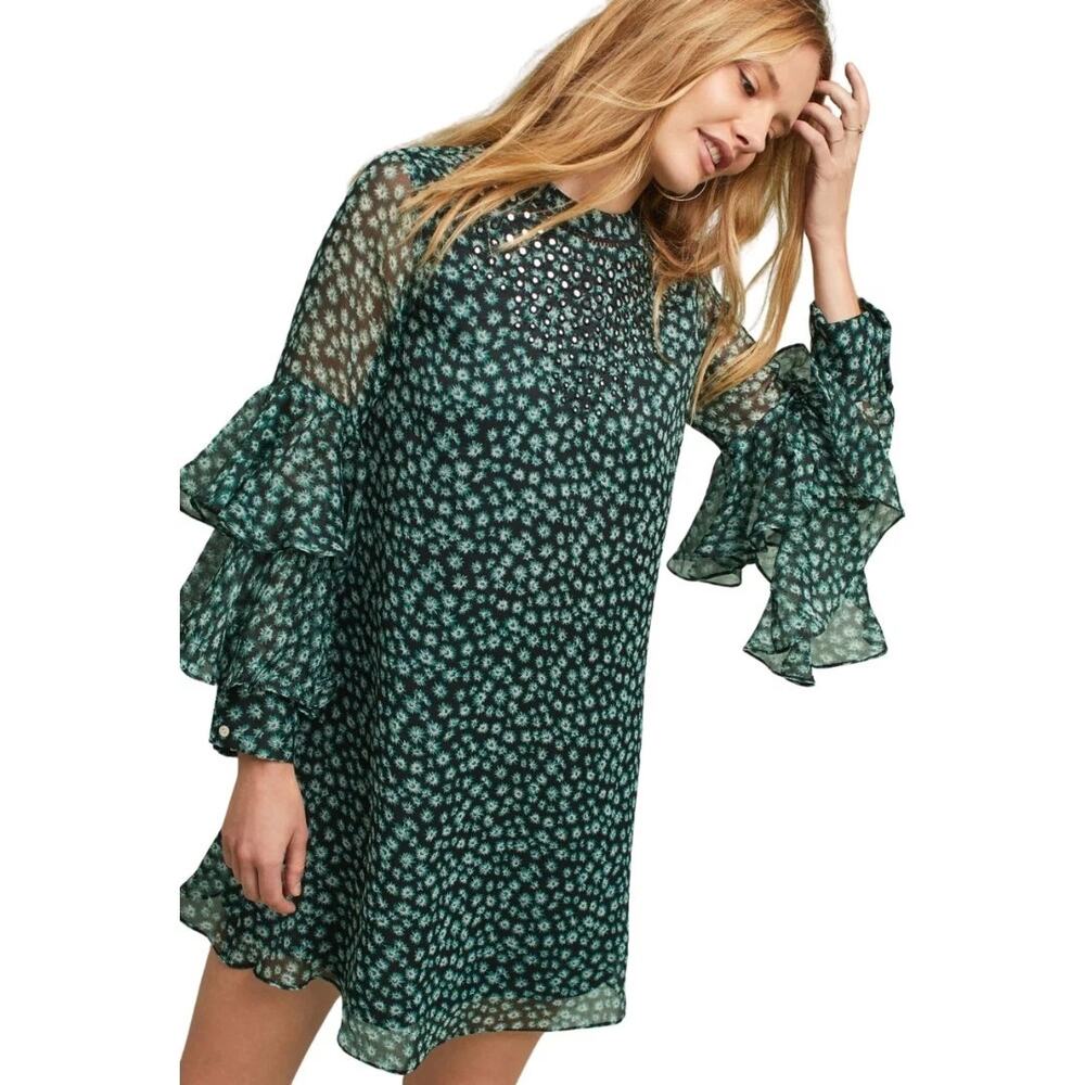 Ranna Gill Women's Flutter Tunic Mini Dress Long Sleeve Green Size XL